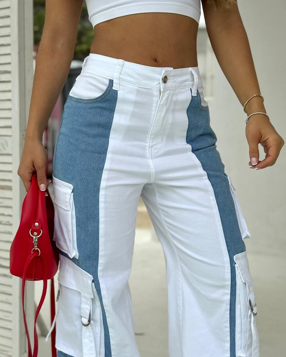 Calça Pantalona Cargo Bicolor