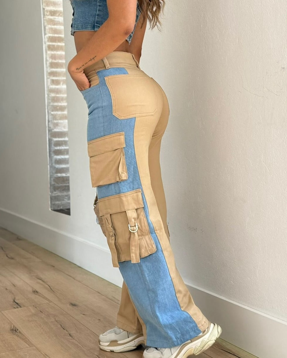 Calça Pantalona Cargo Bicolor